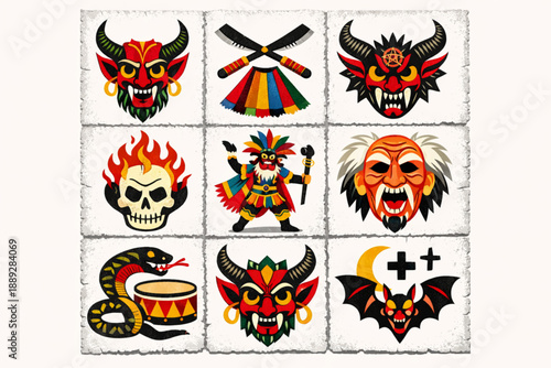 Guatemalan devil dance icon set in vector style