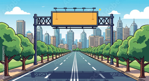 Cityscape highway with trees and blank billboard above the road in a vibrant urban landscape