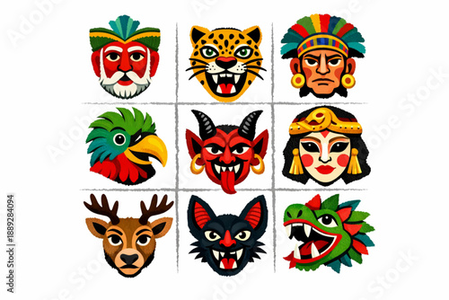 Guatemalan folklore mask icon set in vector style