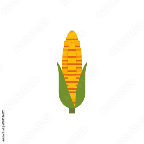 Flat design illustration of a single ear of corn with yellow kernels and green husks on a white background, depicting a common vegetable.