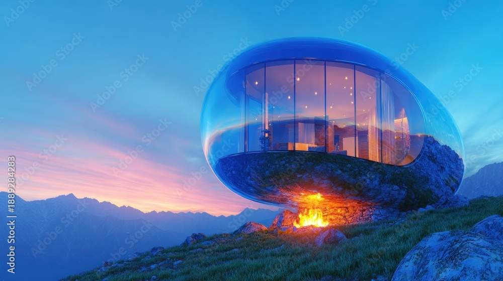 Obraz premium Modern glass house on a mountain with a fire at sunset