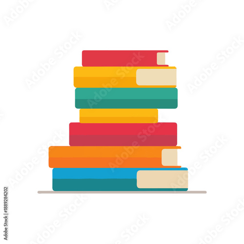 A colorful stack of seven books, neatly piled one on top of another, representing education, reading, and knowledge.