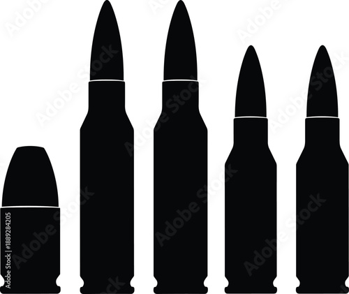 Ammunition cartridge silhouettes set showing different bullet calibers and shapes, black vector weapon icons for military, defense, shooting sports, and firearm illustration concepts