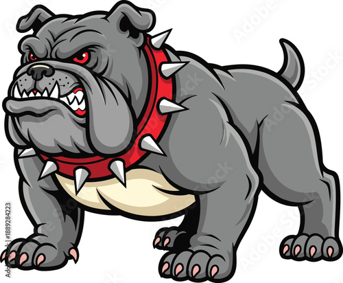 Angry bulldog mascot illustration with spiked collar, aggressive guard dog character design for sports logos, gaming, branding, and streetwear graphics isolated on white background