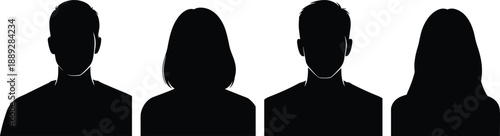 Anonymous people profile silhouettes set featuring male and female headshots, black avatar icons for user interface, privacy, identification, and profile placeholder design concepts