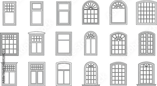 Architectural window line art collection featuring classic and modern window frames, detailed outline drawings for building facade design isolated on white background
