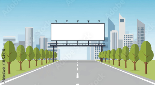 City highway with billboard and trees under clear blue sky