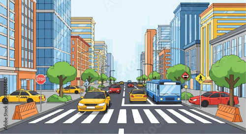 City street scene with vehicles and pedestrians at a busy intersection with construction barriers