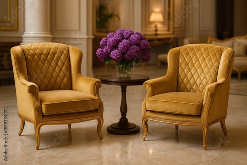 Elegant seating arrangement with floral centerpiece luxury hotel lobby cozy ambiance eye-level perspective
