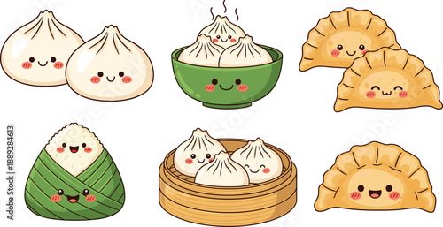 Cute Asian food character illustration set featuring dumplings, bao buns, gyoza, and rice wrap snacks with smiling faces, kawaii style, flat vector design for menus and branding