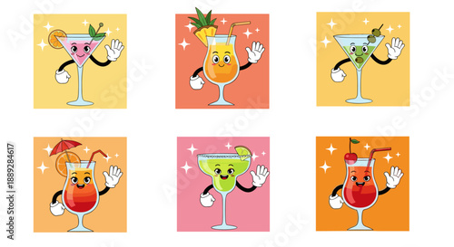 Cartoon Cocktail Characters Waving Hello
