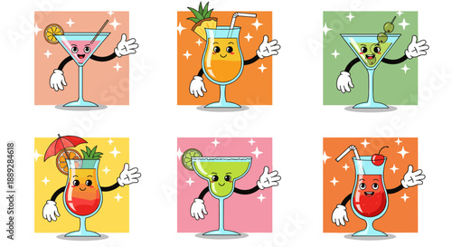 Cheerful Cartoon Cocktail Characters Waving Hello