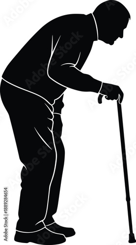 Elderly man walking with cane silhouette illustration, senior male standing posture isolated on white background aging concept design