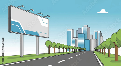 A cityscape highway with a billboard and trees lining the road towards skyscrapers