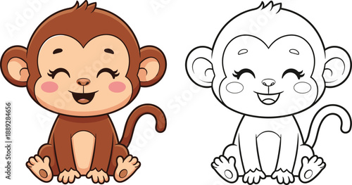 Cute cartoon monkey character illustration with colored and outline versions, smiling baby animal mascot design for kids books, coloring pages, stickers, and educational graphics isolated on white 