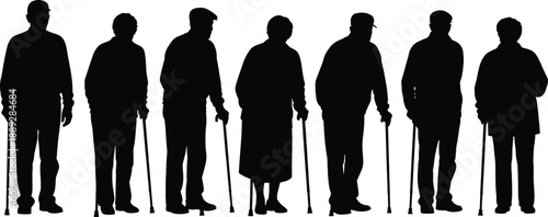 Elderly people silhouettes standing with walking canes, senior men and women lineup illustration for aging, healthcare, retirement, mobility support, and social care concept designs