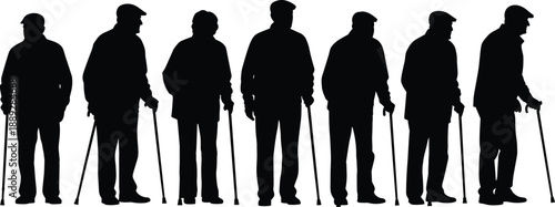 Elderly men silhouettes standing with walking canes in different poses, senior male lineup illustration for aging, retirement, mobility support, healthcare, and social care concept designs