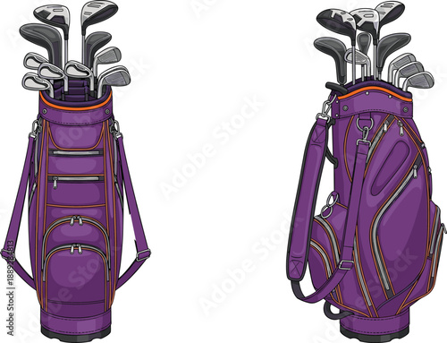 Golf bag vector illustration with complete club set, front and side views, detailed purple sports equipment design for golfing, training, recreation, and athletic branding projects