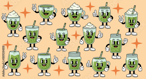 Retro Matcha Tea Characters Pattern Illustration