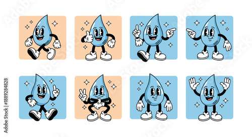 Retro Water Drop Cartoon Mascot Characters Set