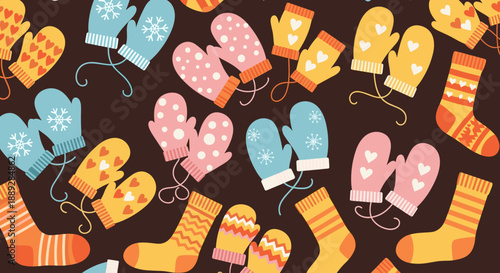 Cozy Winter Pattern: Mittens and Socks on Brown