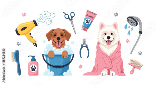 Happy Dog Grooming Day: Cute Pets and Grooming Tools