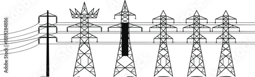 High voltage power transmission towers and utility poles with overhead electric lines, industrial energy infrastructure silhouette illustration for electricity distribution, engineering, 