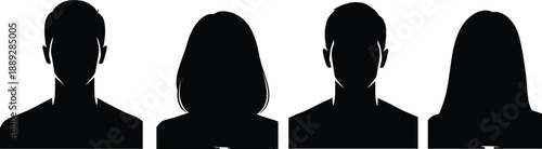 Male and female avatar silhouette set for user profile icons, anonymous people portraits, minimal black head and shoulders shapes isolated on white background