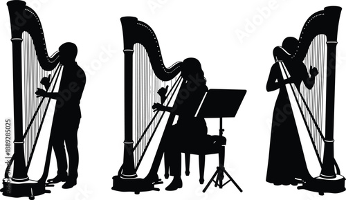 Silhouette harp musicians performing classical music, elegant orchestra players, concert performance, artistic instrument, professional harpist music concept illustration