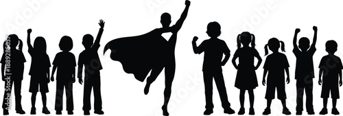 Superhero child silhouette inspiring confidence, imagination, and empowerment among diverse kids, childhood dreams, leadership concept on white background illustration