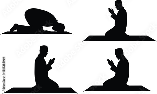 Muslim man prayer silhouette set showing Islamic salah positions, kneeling and prostration worship poses, spiritual religious ritual illustration isolated on white background