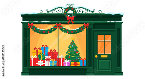 Festive Holiday Shopfront with Gifts and Tree