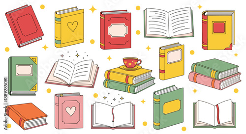 Colorful Stack of Books and Open Pages Illustration