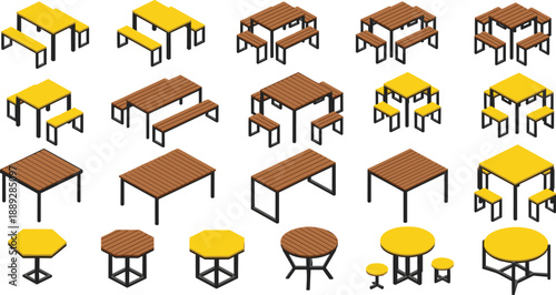Outdoor table and bench furniture collection featuring wooden and yellow designs, isometric flat vector picnic tables set for parks, cafes, gardens, and exterior seating layouts