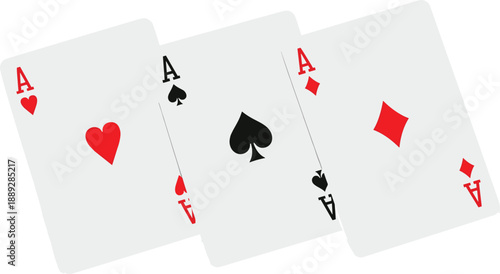 Playing card aces set featuring heart, spade, diamond suits in overlapping arrangement, casino poker symbols illustration for gambling, card game, and luck concept designs