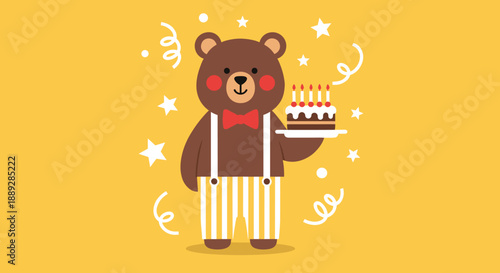 Birthday Bear with Cake Illustration