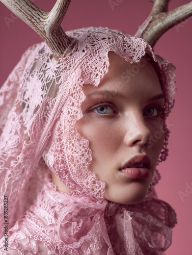 Female portrait with porcelain skin wearing delicate pink lace veils, translucent crochet textures, romantic Victorian-inspired headpieces.