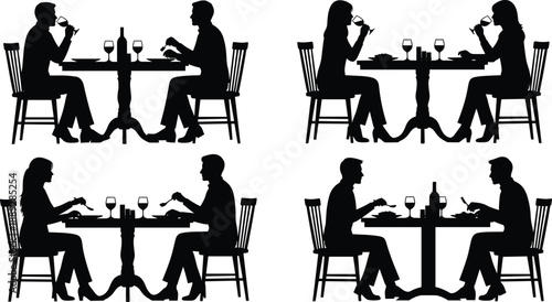 Romantic dinner silhouettes of couples dining at table with wine glasses, elegant restaurant date scenes illustration for love, relationship, dining, and nightlife concept designs