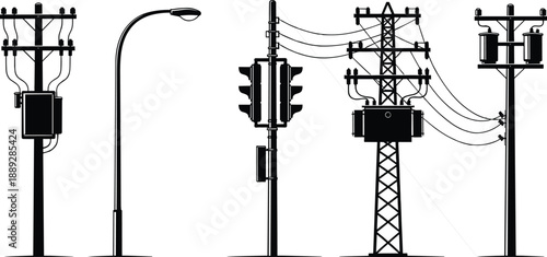 Urban infrastructure silhouettes featuring utility poles, streetlight, traffic signal, and power transmission tower with overhead cables, industrial city electricity and transportation elements 