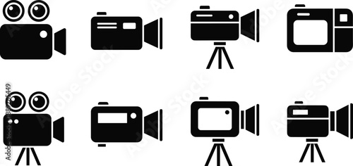 Video camera icon set featuring retro and modern camcorder silhouettes, black vector recording symbols for filmmaking, media production, broadcasting, streaming, and user interface design concepts