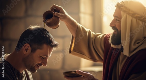 Biblical anointing ritual with oil. Man pouring oil from a clay pitcher onto another man's head. Ancient religious ceremony of blessing and consecration