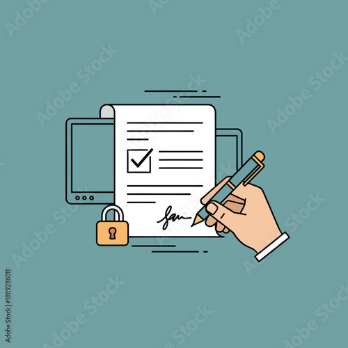 Hand signing a document with a pen, digital devices in the background.