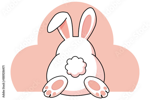 Cute cartoon Easter bunny rear end with fluffy tail and pink ears, simple illustration