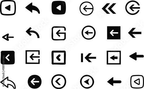 Collection of left arrow icons diverse vector symbols for navigation and direction flat design elements isolated on white