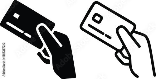 Hand holding credit card icons solid and outline vector graphics for payment and finance concepts isolated on white