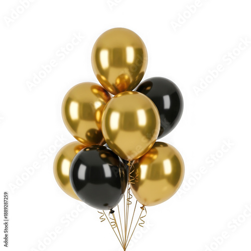 Elegant gold and black balloons floating together isolated on transparent background