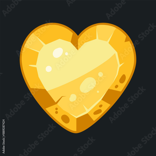 Golden heart button. Cartoon gold stone frame or button, gravel rock gambling plate, heart shape golden rock stone flat vector illustration. Heart button on white background