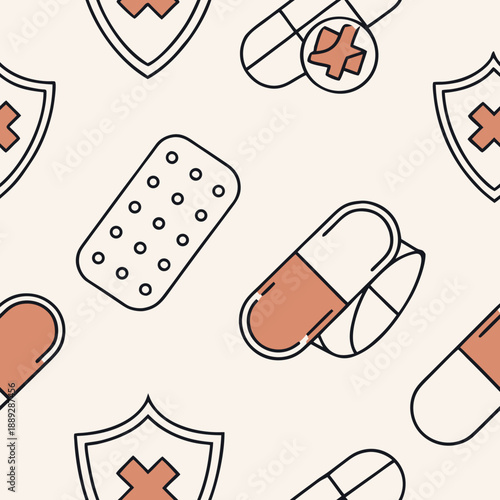 Icons of health care in a repeated pattern on a light background featuring band-aids, shields, and pills Generative AI