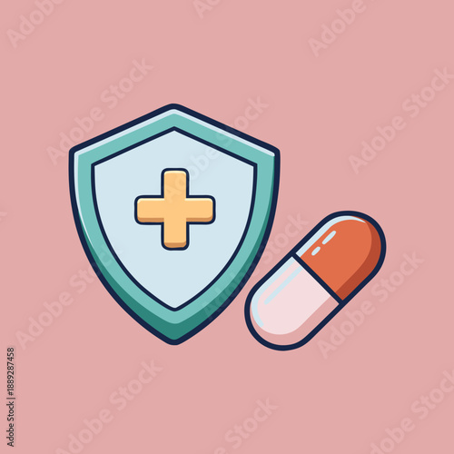 Illustration of a health shield symbol next to a capsule on a simple pink background Generative AI