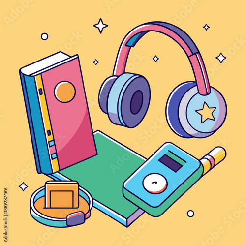 Items on a table for study and music with books, headphones, and a device for playing tunes at home or school Generative AI
